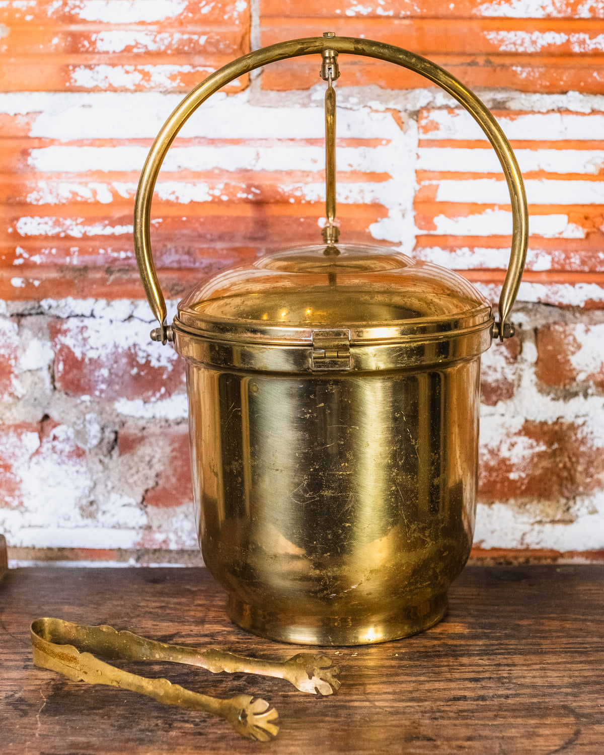 Vintage Brass Levered Ice Bucket w/ Tongs