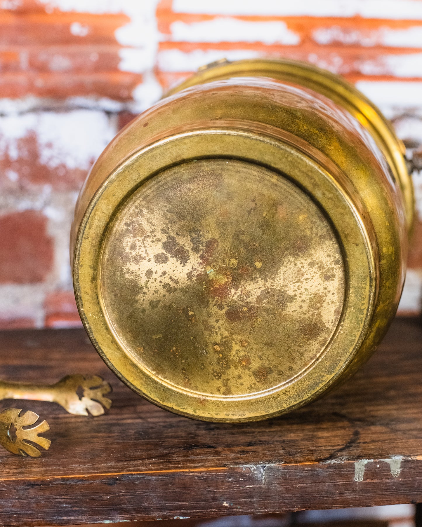 Vintage Brass Levered Ice Bucket w/ Tongs