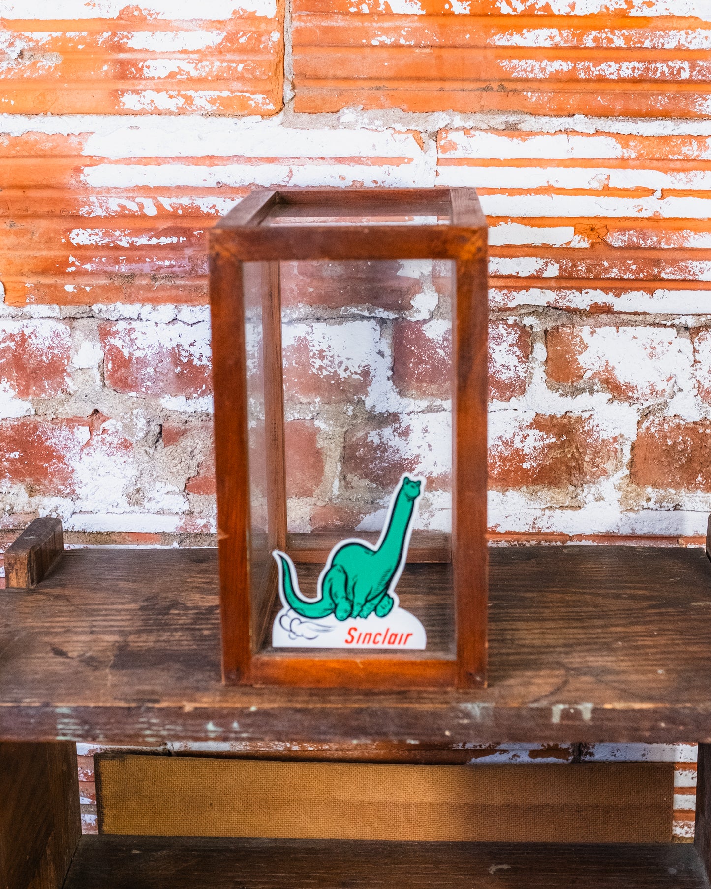 Antique Sinclair Decal Sticker Wooden Glass Tabletop Display Case