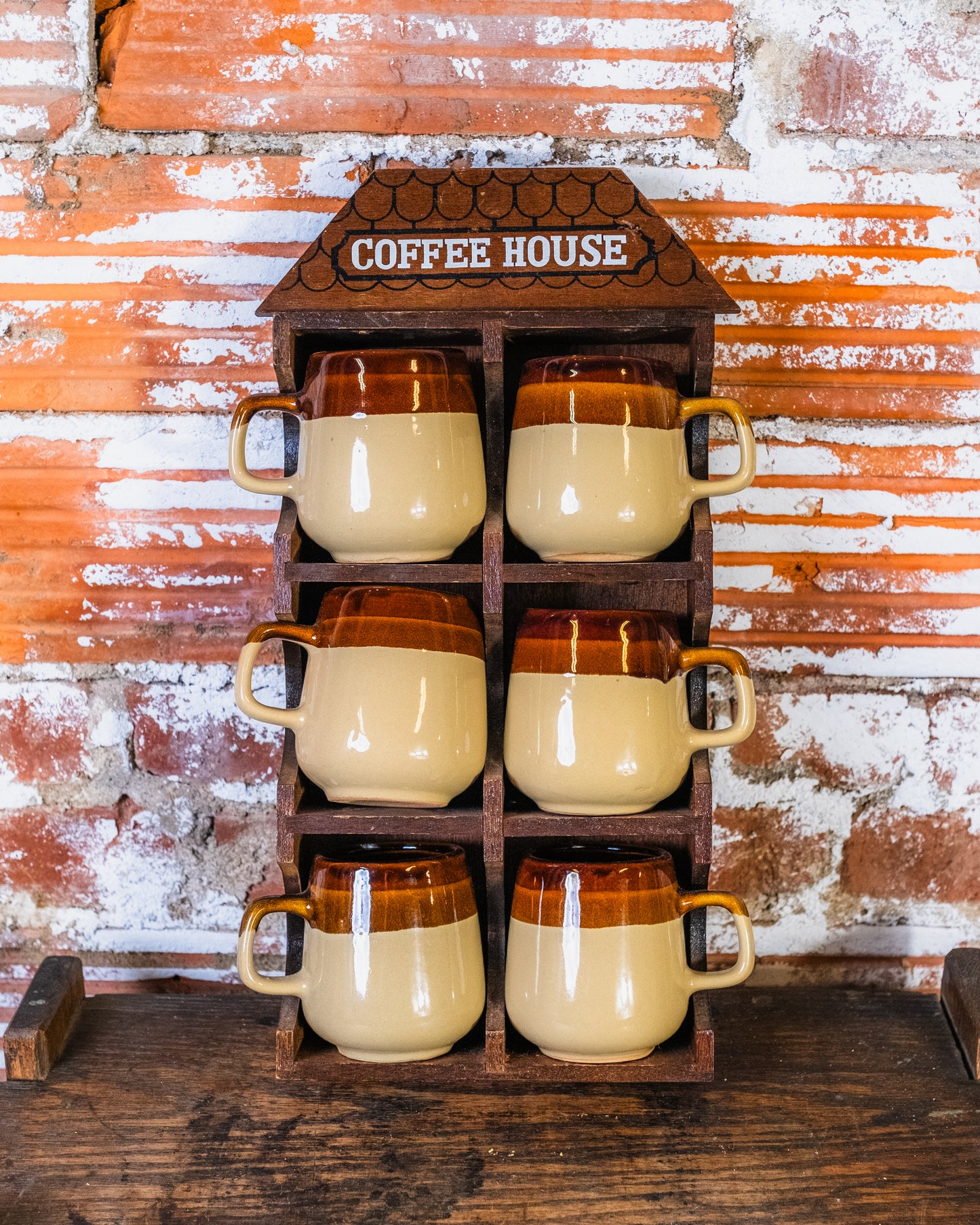 Vintage “Coffee House” Wooden Display Rack & Mug Set