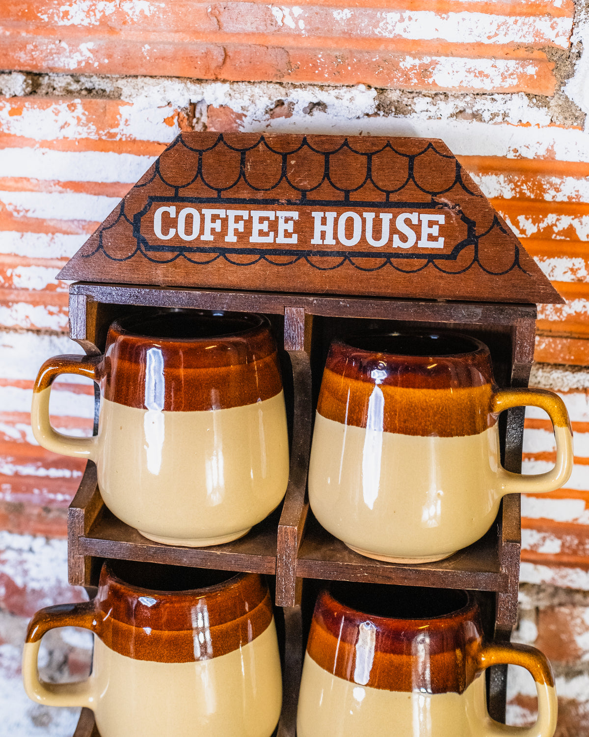 Vintage “Coffee House” Wooden Display Rack & Mug Set