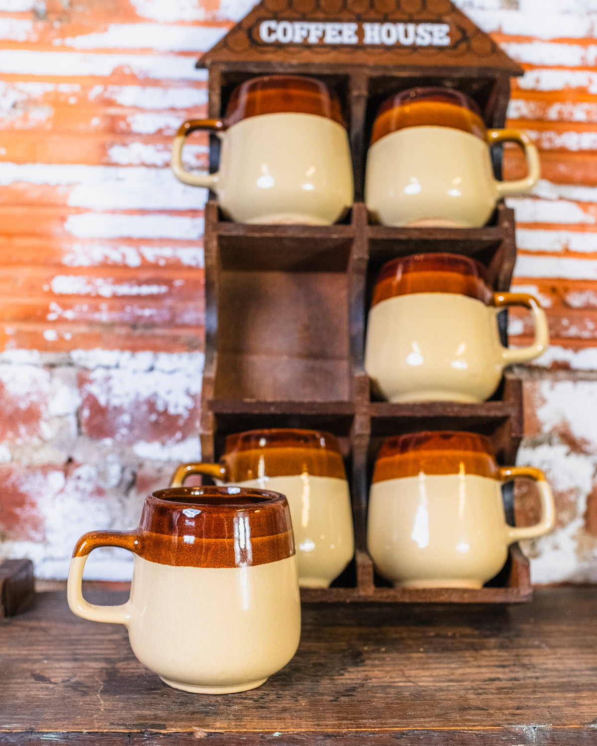 Vintage “Coffee House” Wooden Display Rack & Mug Set