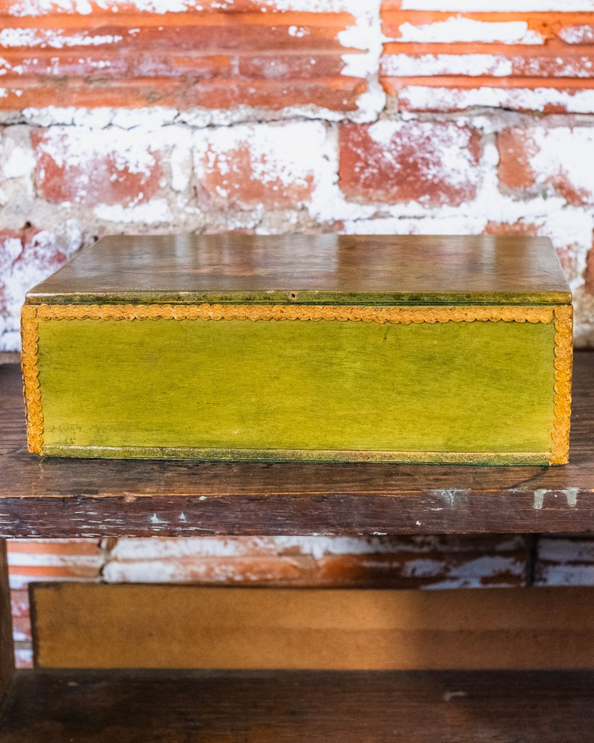 Antique Green Floral Wooden Hinged Box