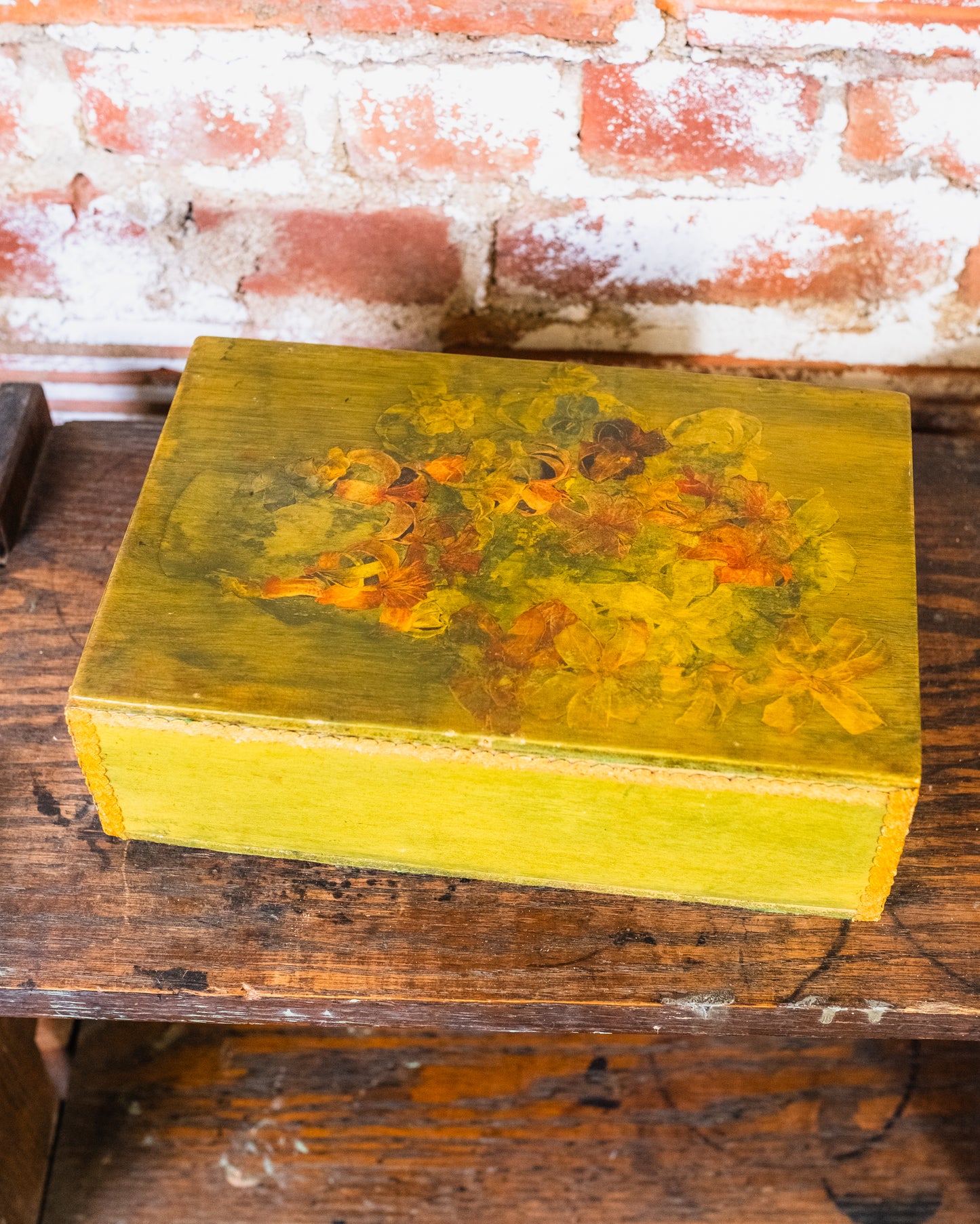 Antique Green Floral Wooden Hinged Box