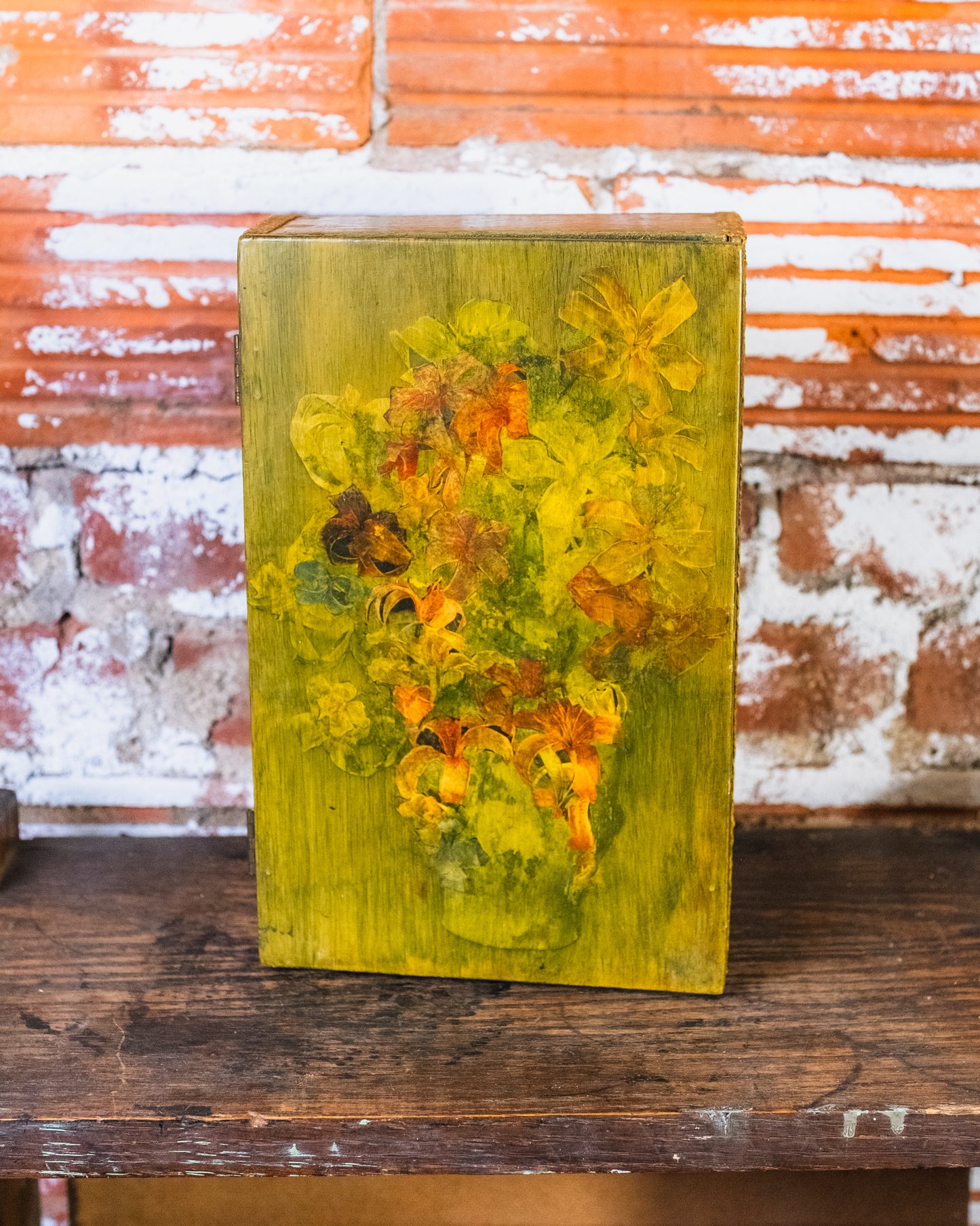 Antique Green Floral Wooden Hinged Box