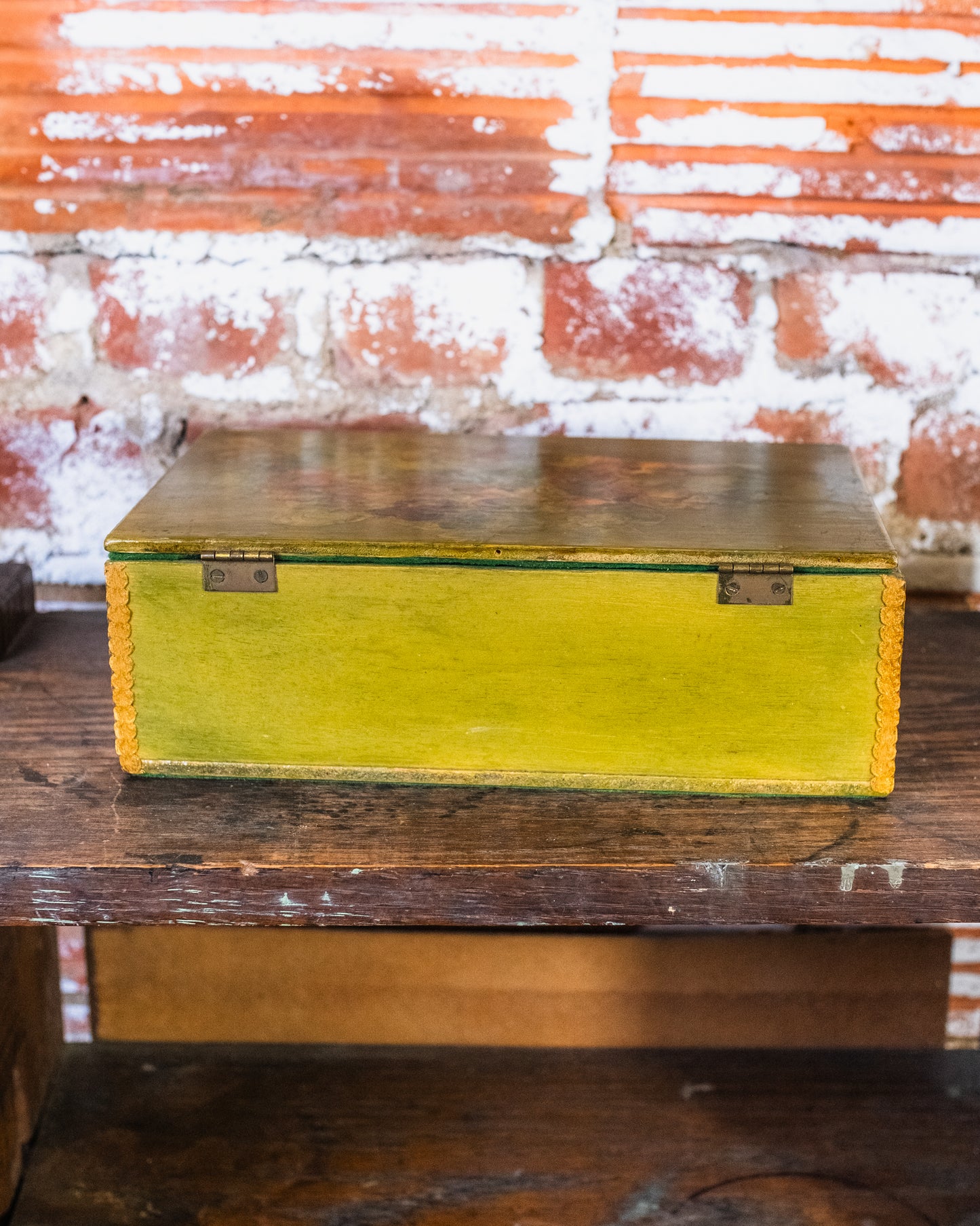 Antique Green Floral Wooden Hinged Box
