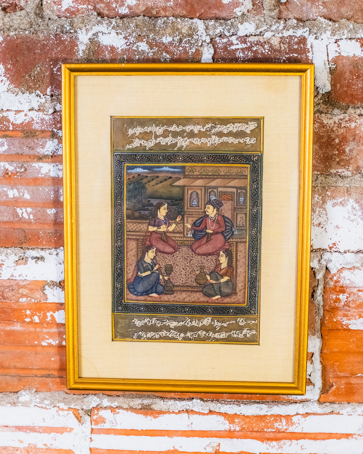 Vintage Framed Mughal-Style “Courtyard Scene” Painting on Paper