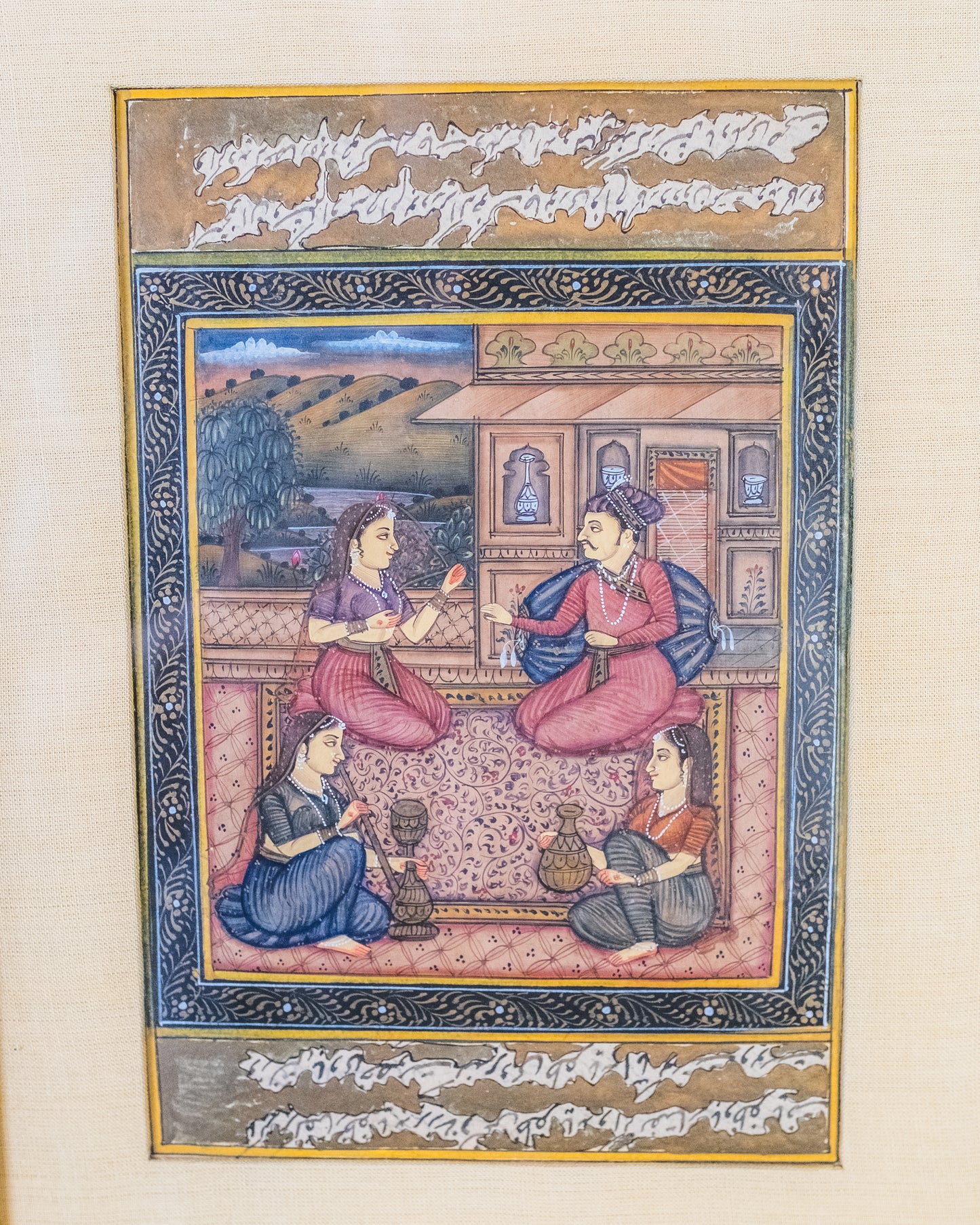 Vintage Framed Mughal-Style “Courtyard Scene” Painting on Paper
