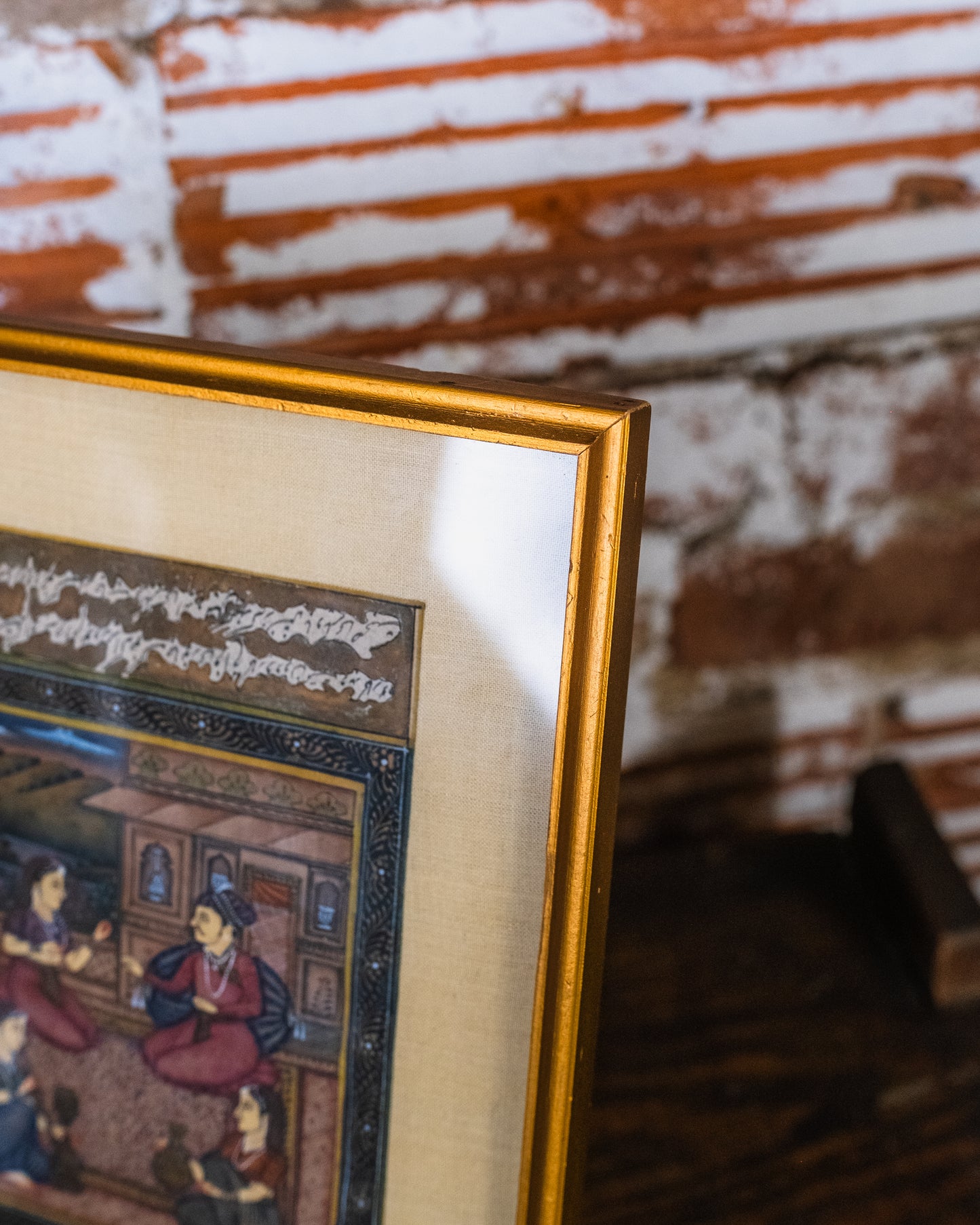 Vintage Framed Mughal-Style “Courtyard Scene” Painting on Paper