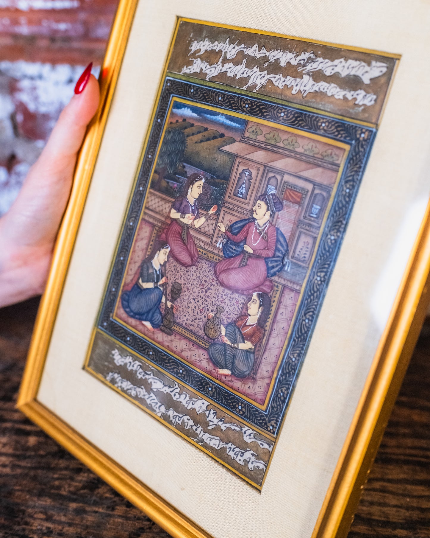 Vintage Framed Mughal-Style “Courtyard Scene” Painting on Paper