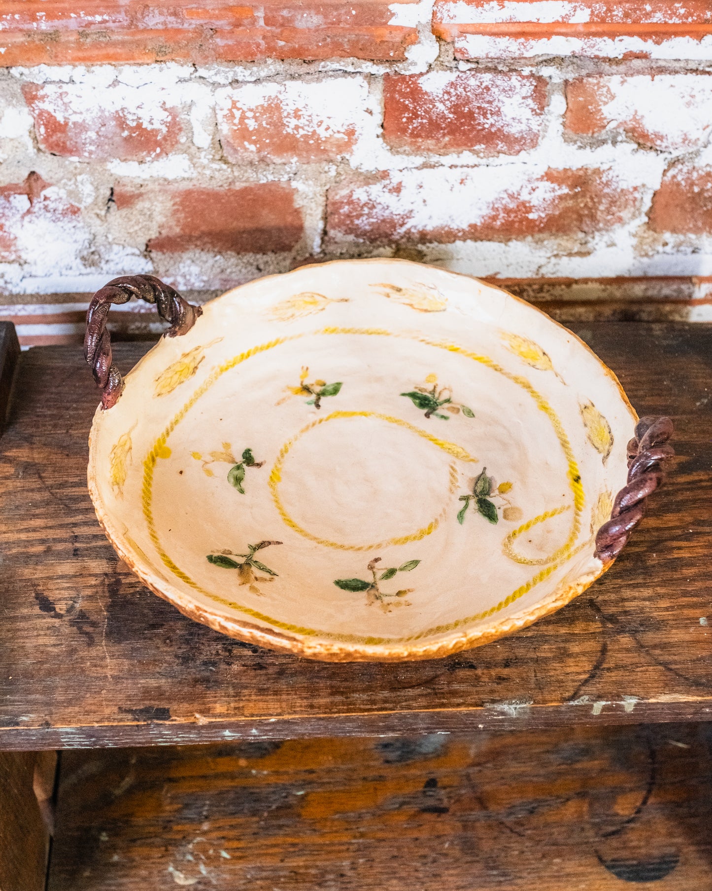 Vintage Studio Pottery Hand-Painted Braided Handle Serving Tray