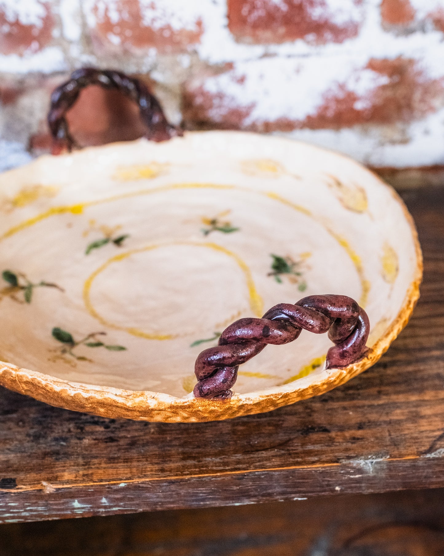 Vintage Studio Pottery Hand-Painted Braided Handle Serving Tray