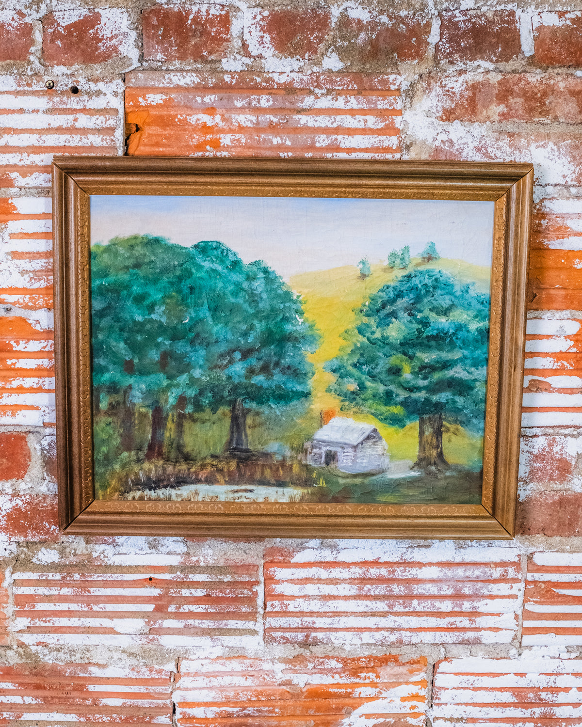 Vintage Framed “Cabin in the Woods” Landscape Oil Painting on Canvas
