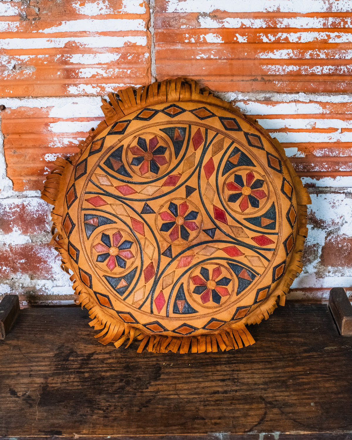 Vintage African Floral Medallion Leather Fringed Seat Cushion