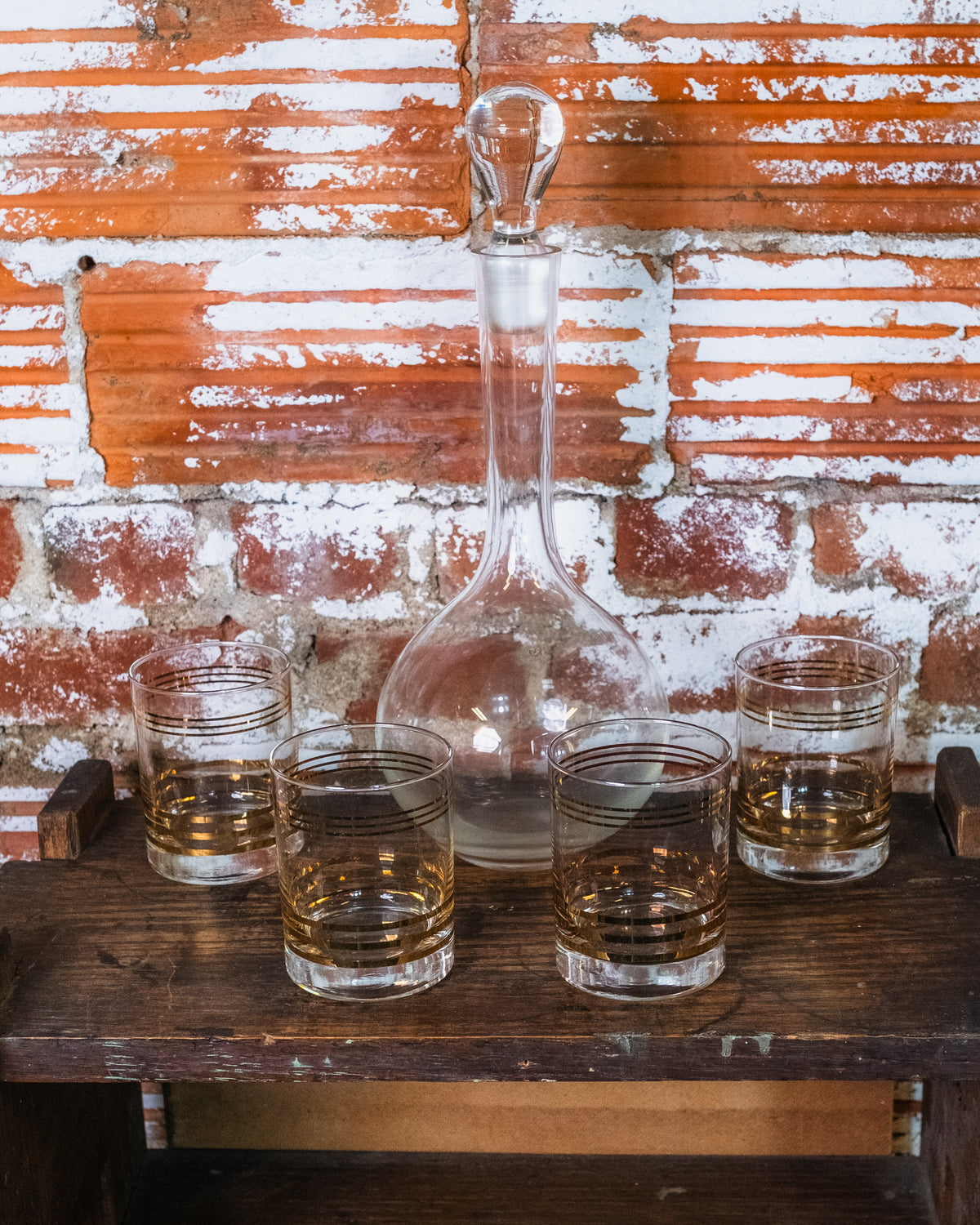 Vintage MCM Clear Glass Decanter & Gold Stripe Lowball Glasses Set