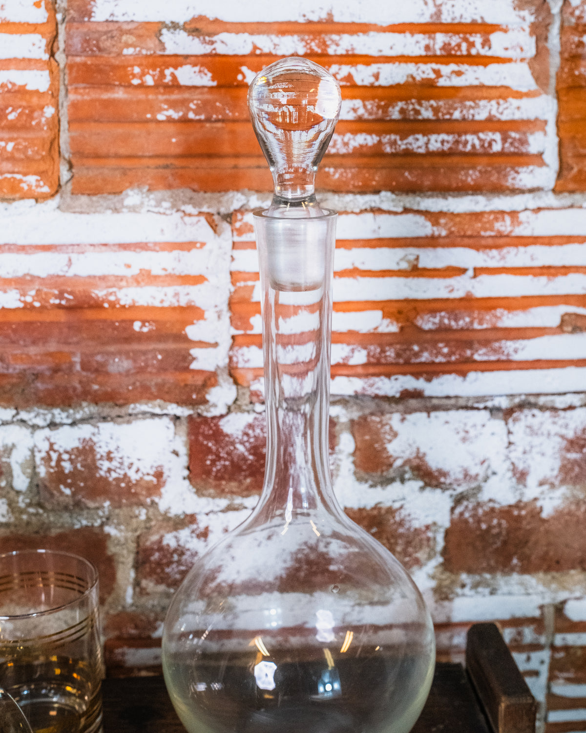 Vintage MCM Clear Glass Decanter & Gold Stripe Lowball Glasses Set