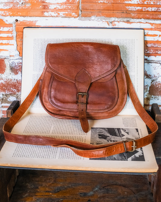 Vintage Brown Leather Crossbody Saddle Bag