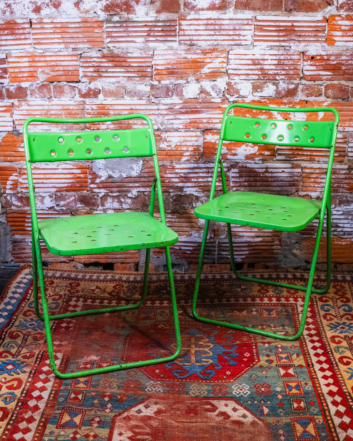 Vintage Parisian Bistro Green Metal Folding Chair Set of Two