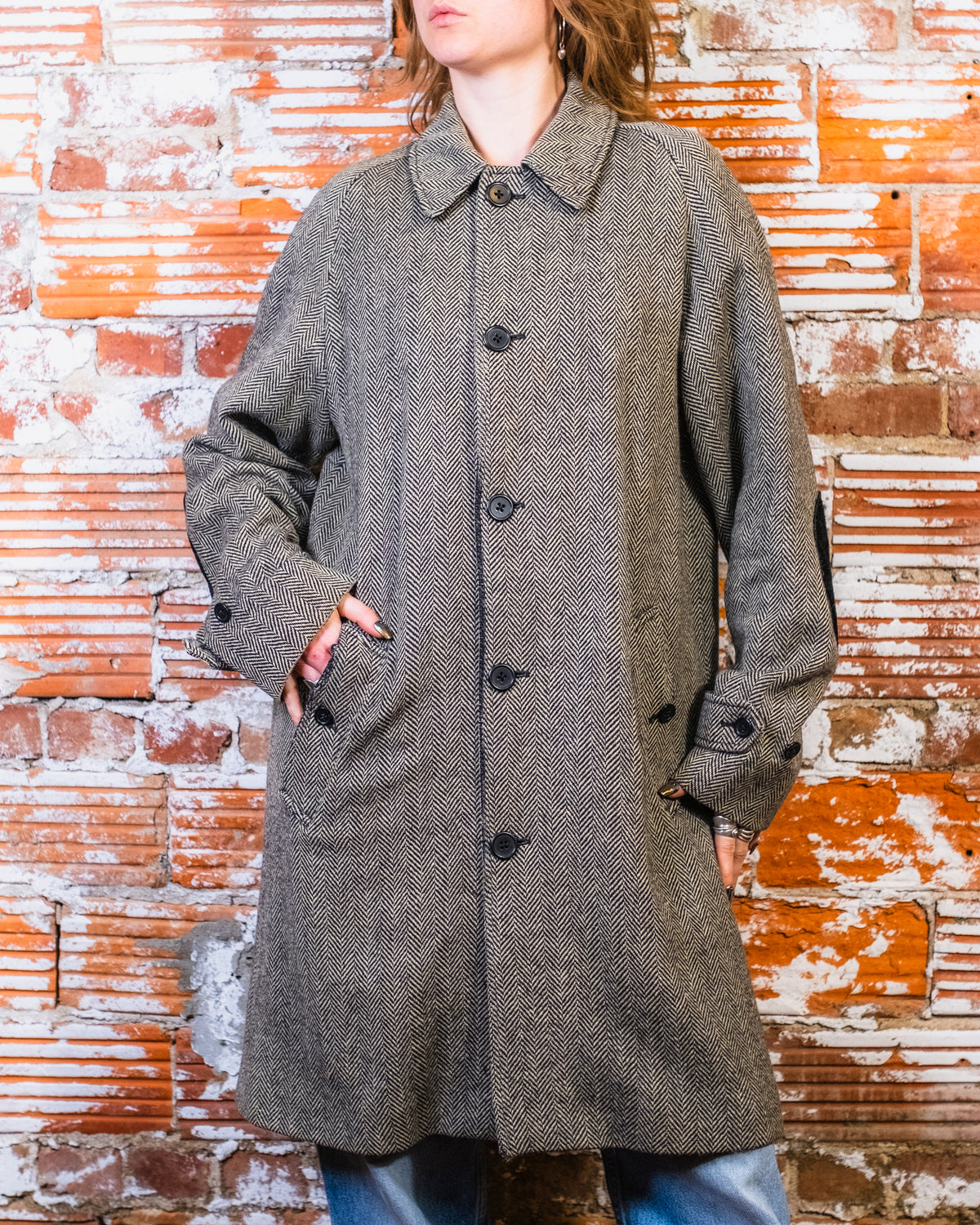 Vintage Style Polo Ralph Lauren Black Herringbone Twill Fully-Lined Overcoat