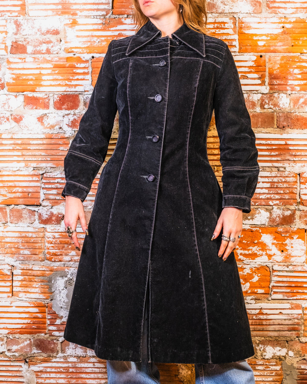 Vintage 1970s-80s Black Velvet White Contrast Stitching Long Coat