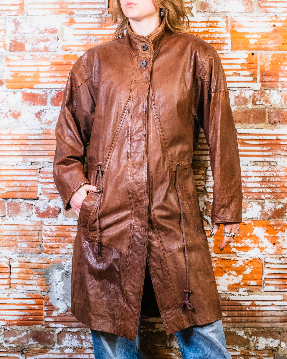 Vintage 1980s-90s Pelle Fully-Lined Brown Leather Overcoat | M