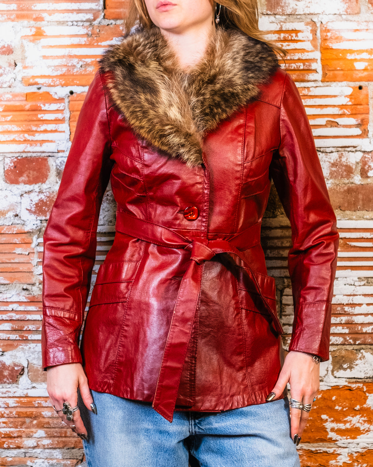 Vintage 1970s-80s CNF Red Leather Racoon Fur Collar Belted Jacket | 12