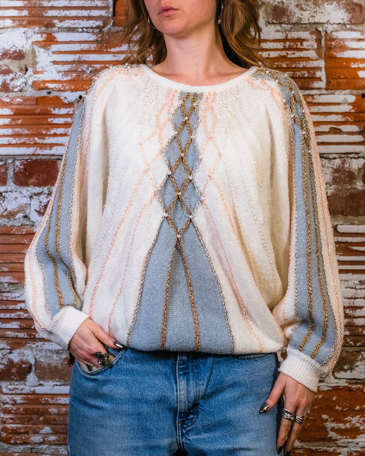Vintage 1980s-90s Grove Avenue White and Grey Acrylic Blend Wide Sleeve Sweater | M