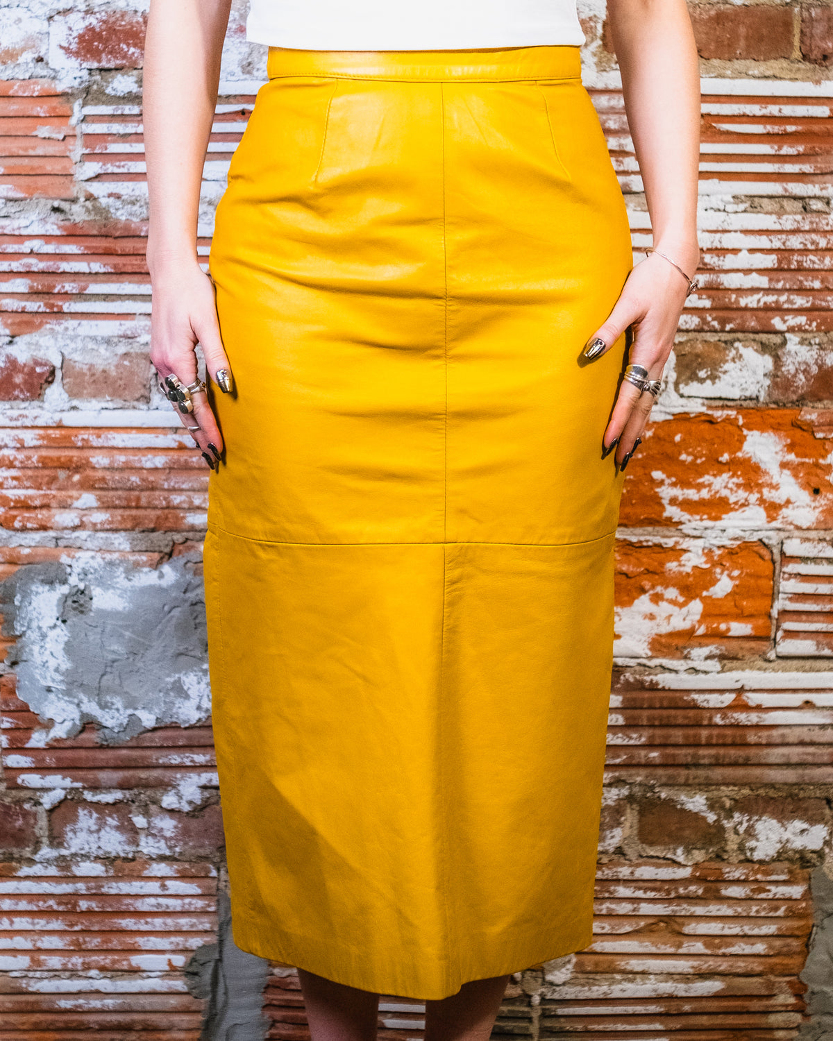 Vintage 1980s Berman's Mustard Yellow Leather Skirt | 8