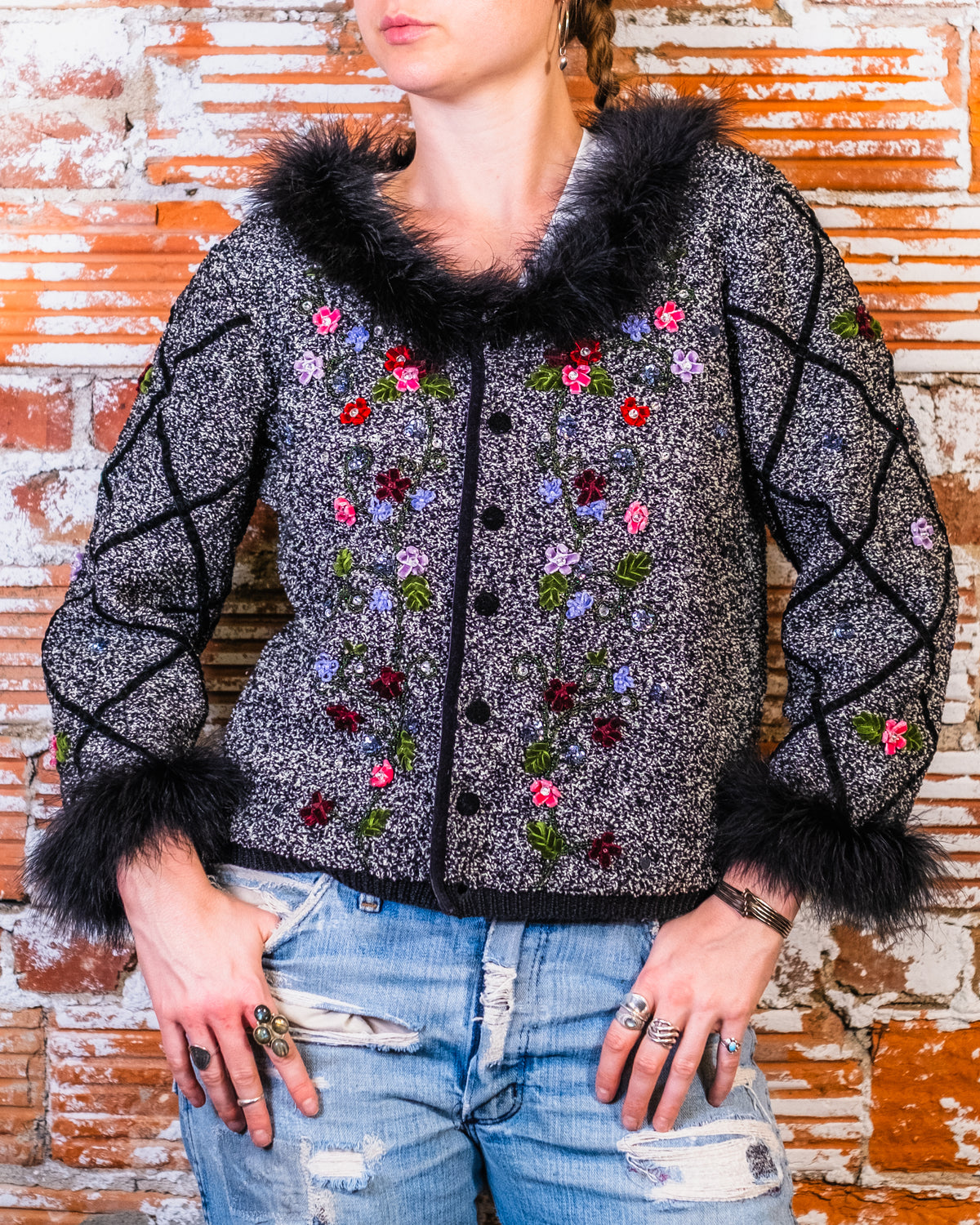 Vintage Berek Black Feather Trim Floral Sequin Jacket