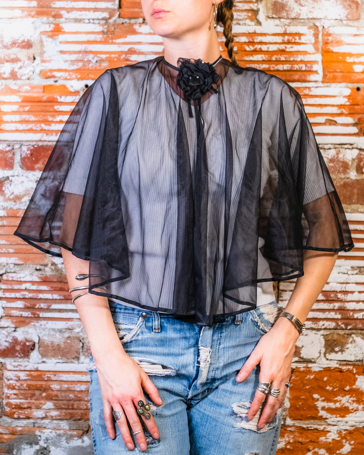 Vintage 1950's Black Chiffon Sheer Formal Cape
