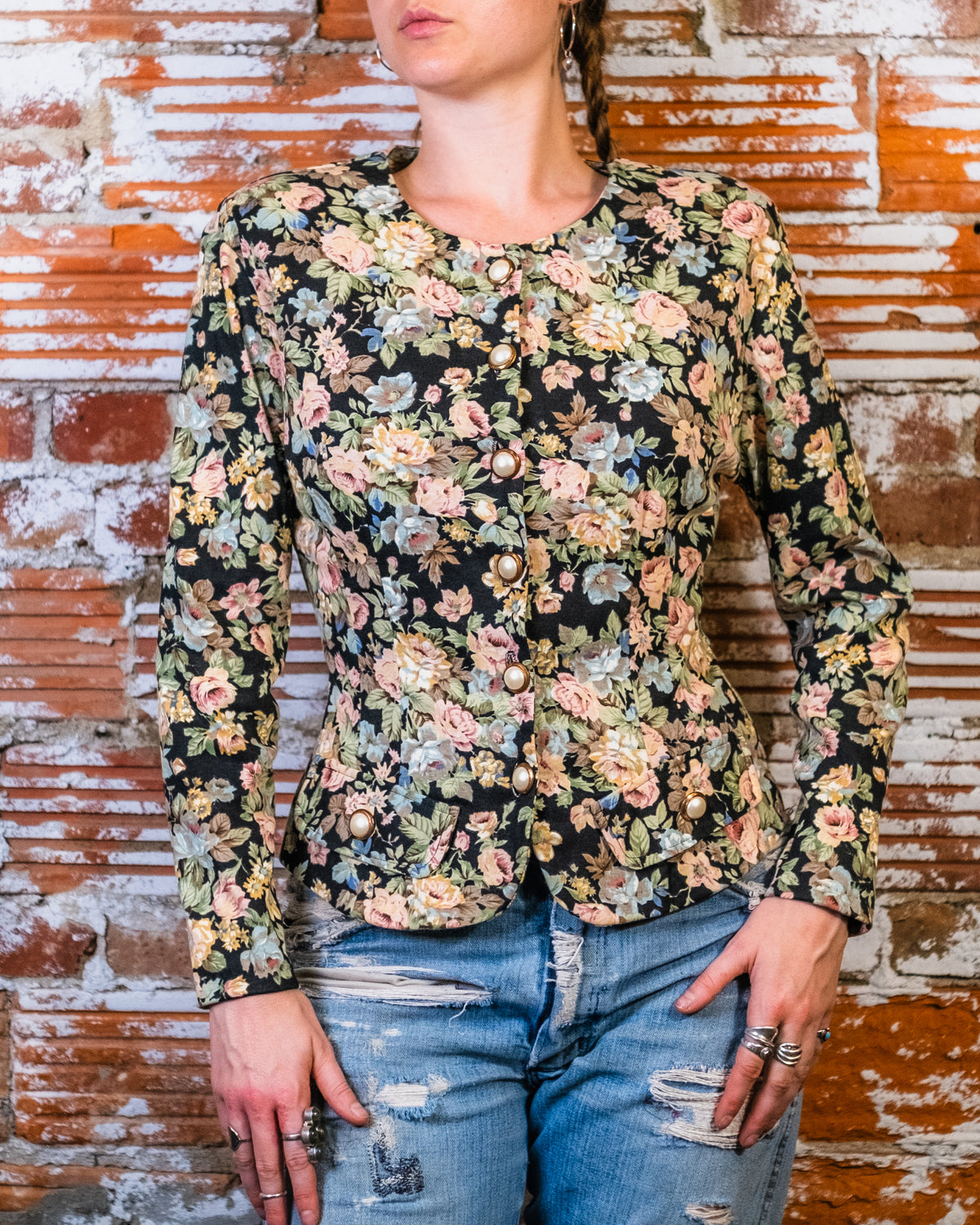 Vintage 1980's Miz California Floral Faux Pearl Button Blouse