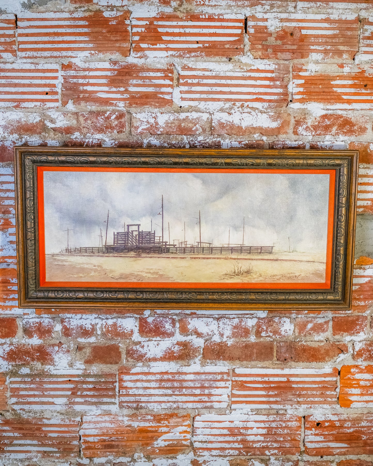 Vintage Framed Cattle Yard Western Oil Painting on Canvas