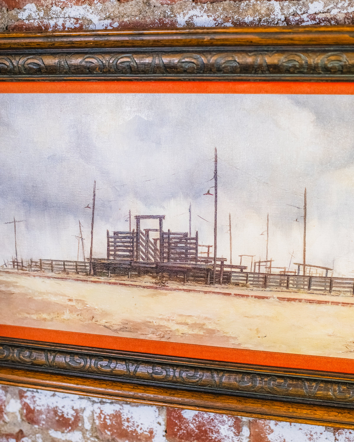 Vintage Framed Cattle Yard Western Oil Painting on Canvas